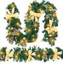 2 Pack 6 Ft Christmas Garland with LED Lights Pre Lit Outdoor Christmas Garland with Pine Cones Bow Gold Berry for Fireplace Mantel Holiday Indoor Decor, Total 12ft
