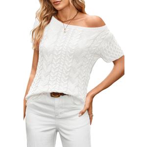 Cakulo Womens Cable Knit Short Sleeve Sweaters Tops Lightweight Crew Neck Pullover Sweater 2025 (Large, White)