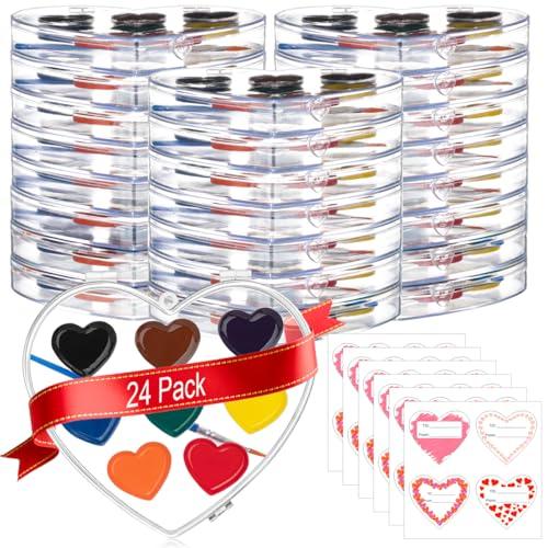 ARTLYMERS 24Pack Watercolor Paint Set, 8Colors Heart Water Color Paint Sets for Kids with Paintbrush Washable, Valentines Gifts Art Supplies for Preschool Classroom Party Favor Prizes Exchange