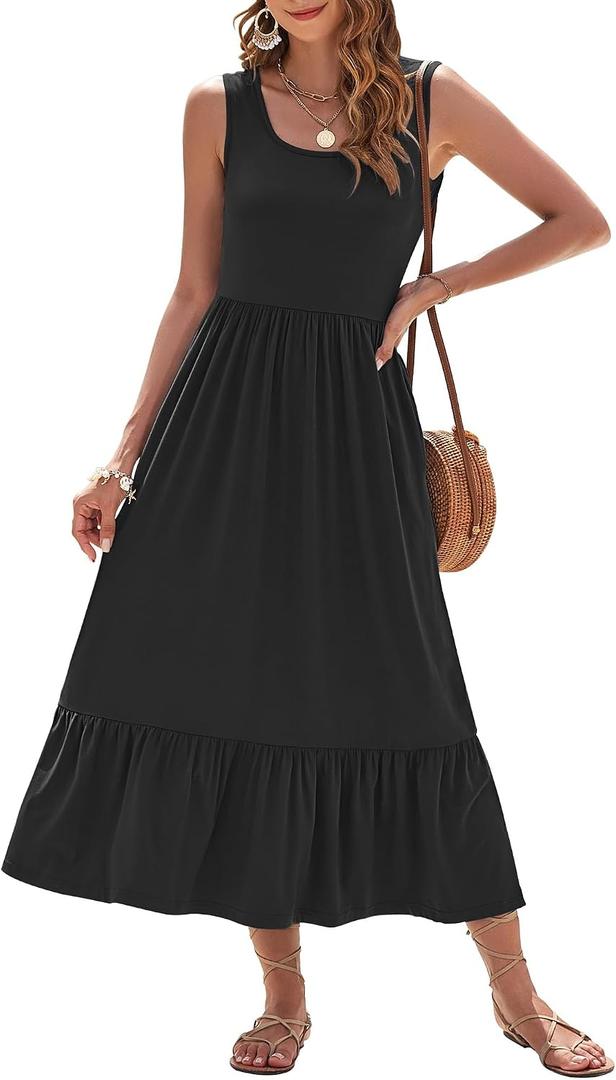AUSELILY Womens Summer Dresses Floral Sleeveless Tiered Maxi Dress Pockets