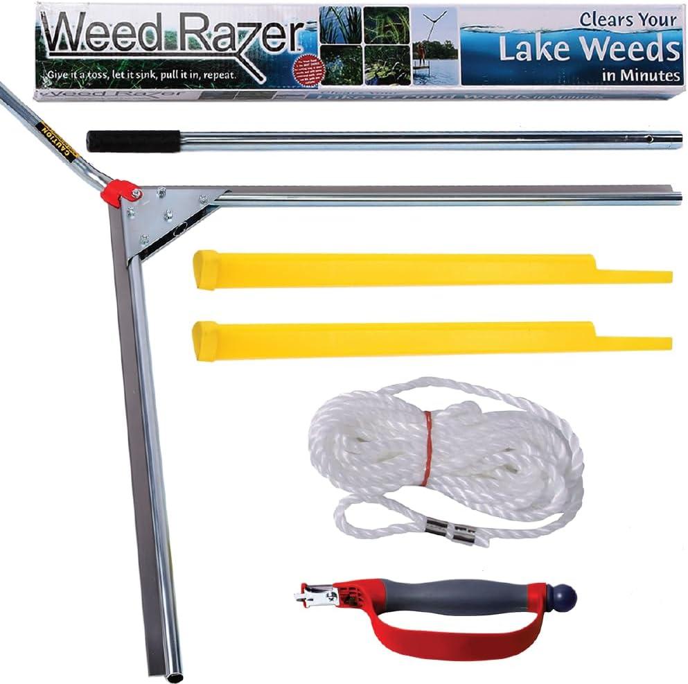 Jenlis The Original Weed Razer, Lake Weed Cutter, Large Pond Aquatic Plant Cutting Tool, Long and Sharp Razor Blades Shear Cattail, Reed, Lilly & Chara Algae, 48 Inch Cut Width, 25 Foot Throw Rope