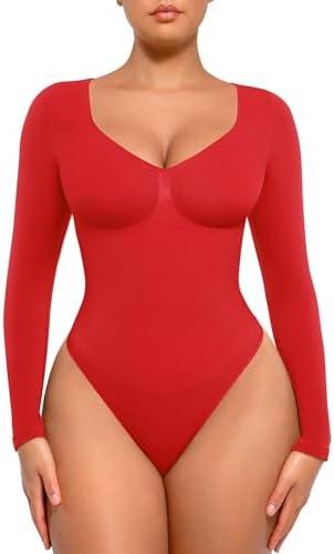 FeelinGirl Women's Long Sleeve Shapewear Bodysuit for Tummy Control Seamless Body Suits Thong V Neck Going Out Tops, M