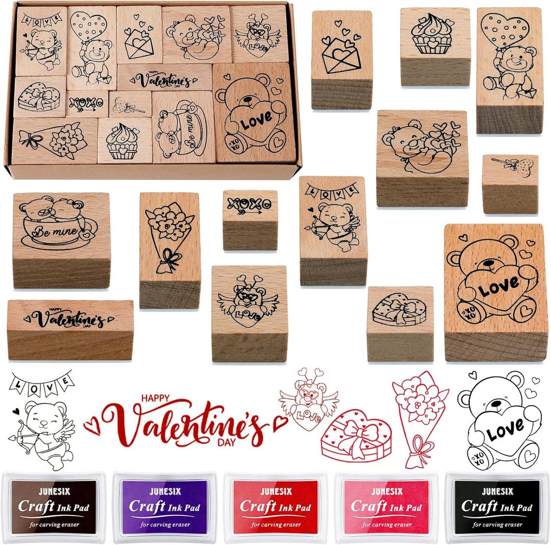 Woanger 15 Pcs Valentine's Day Wooden Rubber Stamps and Craft Ink Pads Card Stamps Pads Wooden Rubber Stamp for Scrapbooking DIY Paper Wood Fabric Valentine Holiday