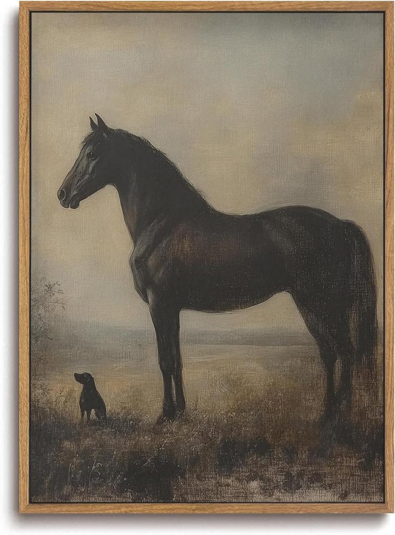 ZZLWBKGL Vintage Horse Framed Wall Art Farmhouse Animal Canvas Wall Art Horse Dog Pictures Wall Decor Rustic Art Prints for Living Room Bedroom Study (24"L x 16"W)