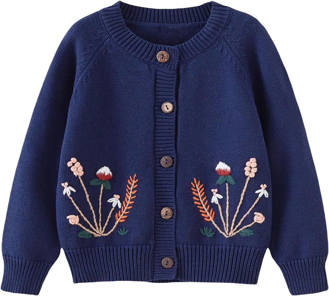 Baby Toddler Boys Girls Cardigan Sweater Long Sleeve Knit Embroidery Flowers Jacket Outwear Button Tops (12-18 Months, Navy)