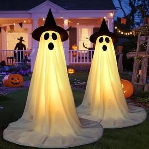 Large Halloween Ghost Decorations Outdoor: 2 Packs 5Ft Tall Light Up Ghost Decor with LED String Lights, Witch Hat, Spooky Halloween Indoor Scary Lighted Decor for Outside Porch Yard Garden Lawn