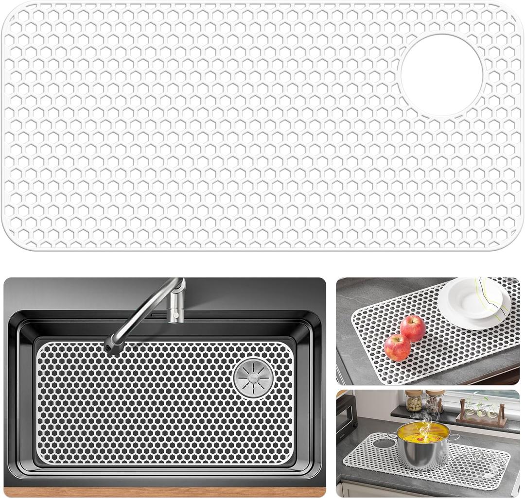 Bestjing Silicone Sink Protectors for Kitchen Sink - 28.4"x 14.3" Kitchen Protector Accessory, Non-Slip Heat Resistant Mat for Bottom of Farmhouse Porcelain Stainless Steel(Top Right Drain Hole,White)