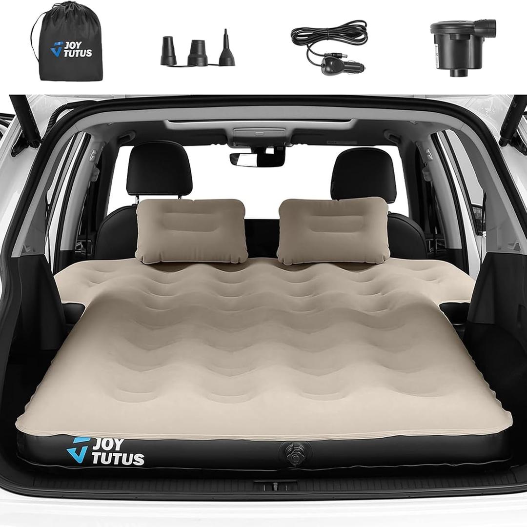 JOYTUTUS SUV Air Mattress Camping Bed,3.0 Thickened Flocking Car Camping Inflatable Mattress, Anti-Leakage, with 2 Pillows & Electric Pump Universal Car Bed for SUV Trunk and Rear Seat (Camel and Black)