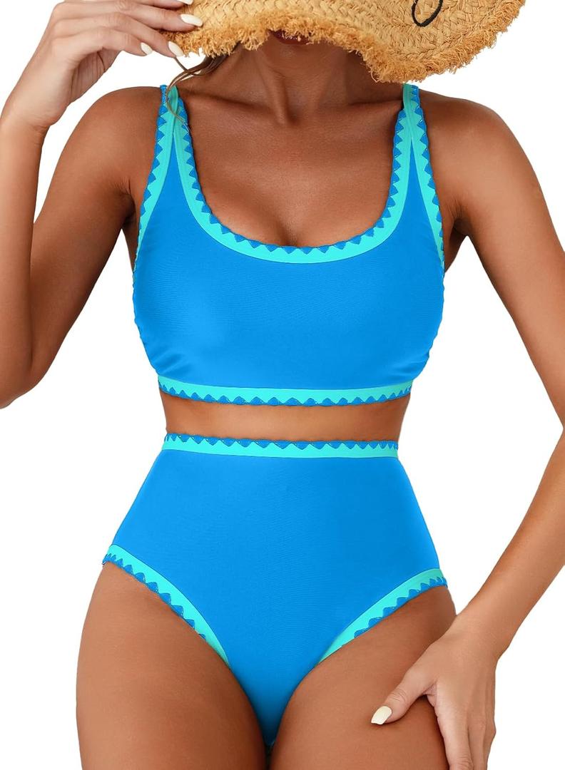 Herseas Women's Bikini Sets Floral Print Whip Stitch 2 Piece Swimsuits High Waisted Scoop Bathing Suits (Blue, M)
