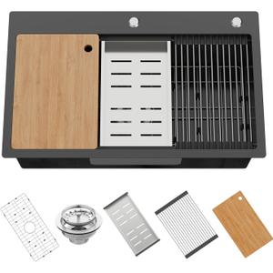 30x18In Black Stainless Steel Kitchen Sink Workstation,Drop-In,Single Bowl