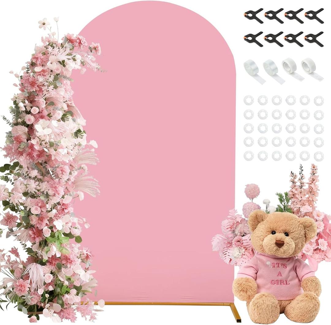 7.2FT Arch Backdrop Cover, Pink Spandex Stretchy Round Top Arch Stand Cover Valentines Day Arch Cover with Balloon Tie Tool for Wedding Ceremony Baby Shower Gender Reveal Birthday Party Decorations