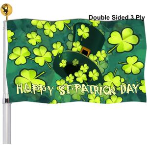 2 x Happy St Patricks Day Hat Clover Shamrock Flags 3x5 Outdoor Double Sided- Lucky Flag 3 Ply Heavy Duty with Brass Grommets for Holiday Outdoor Outside