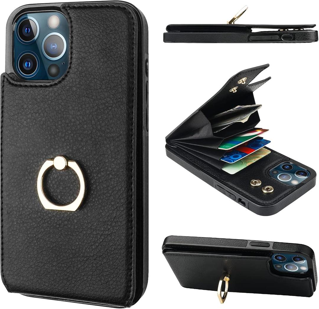 Folosu Compatible with iPhone 12 Pro Max Case Wallet with Card Holder, 360Rotation Finger Ring Holder Kickstand Protective RFID Blocking PU Leather Double Buttons Flip Cover 6.7 Inch Black