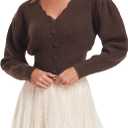 Women's Puff Short Sleeve Sweater V-Neck Button Knit Tops Crochet Soft Knitwear (Brown, L)