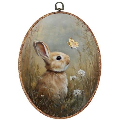 OHDCE Vintage Easter Bunny Oval Wall Art Decor, Vintage Country Cottagecore Butterfly Rabbit Framed Canvas Prints Hanging Wall Decor for Farmhouse Home Bedroom Living Room, 8.7 x 11.4 Inch
