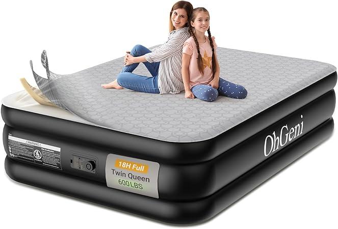 OhGeni 18" Luxury Full Air Mattress with Built-in Pump, Inflatable Bed with Silk Foam Topper for Superior Comfort, Premium Blow-Up Mattress for Home, Camping & Guests, Easy Setup, Extra Support, Full Size, Black