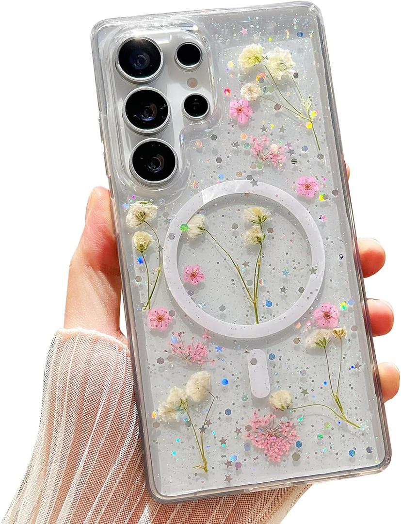 Real Flowers for Samsung Galaxy S25 Ultra Case Cute [Magnetic and Wireless Charging] Glitter Phone Cover with Pressed Dried Floral, Drop Protection Case for Women Girls - Clear 6.9"