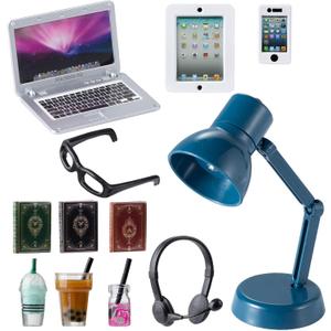 12Pcs Dollhouse Miniature Laptop Computer Tablet Phone Lamp Book Glasses Coffee Headset Simulation Accessories 1/12 1/6 Toy Pad Play Set Fits Barbie Doll Girl Mini Drink Party Office (Bule)