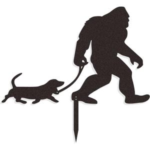 Bigfoot Garden Stake Laser Cut Metal Sasquatch Statue Walking Dachshund Dog on Leash Funny Yard Decor, Outdoor Metal Yard Art Silhouette, Sign for Garden & Lawn