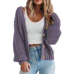 PRETTYGARDEN Women's Chunky Knit Open Front Sweater Long Sleeve Button Loose Short Cardigan Outerwear Coats (Large, Grey Purple)