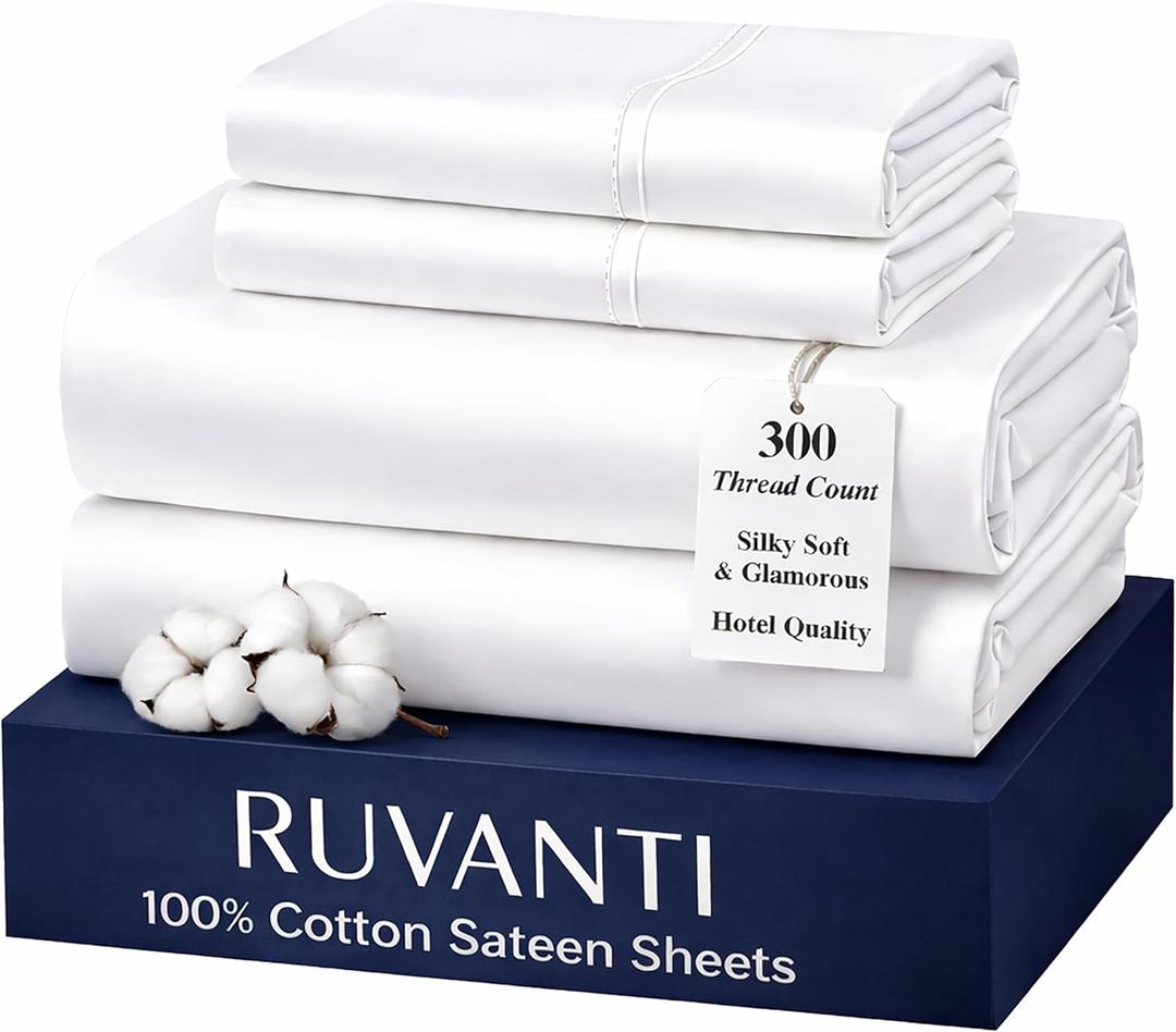 RUVANTI 100% Cotton Sheets Queen Size Bed Set - 300 Thread Count Silky Soft Sateen Weave, Cooling, Lightweight & Breathable, 16" Deep Pocket, Durable & Luxury Satin-Like, 4 Piece, Bright White