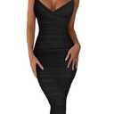 BEAGIMEG Women's Sexy Bodycon Sleeveless Ruched Mesh Club Party Midi Dress Black, M