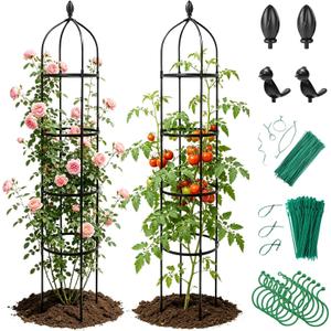 2 Pack Obelisk Trellis for Climbing Plants Outdoor - Heavy Duty Plastic Coated Steel Garden Arch Metal Trellis - Rustproof Tomato Cage Vertical Plant Support for Vines Vegetable Flower Indoor