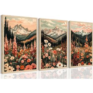 YUFEIART Boho Wall Art Mountain Wall Art OAK Wood Framed Nature Landscape Wall Decor Set of 3 Colorful Wildflower pictures Vintage Floral Canvas Prints Forest Paintings for Living Room Bedroom 16"x20"