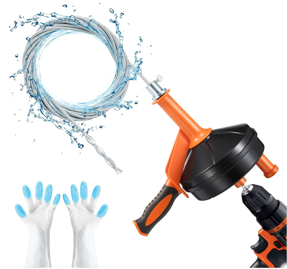 Drain Auger, Clog Remover with Drill Adapter, 25 Feet Flexible Plumbing Snake Use Manually or Powered for Kitchen, Bathroom and Shower Sink, Comes with Gloves (orange)