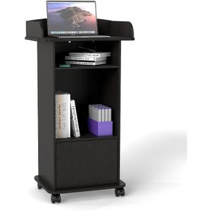 Podium Stand Portable,Mobile Wood Pulpit Podium Hostess Stand Reception Desk with Adjustable Shelf and Lockable Wheels for Churches Conference School (Black)