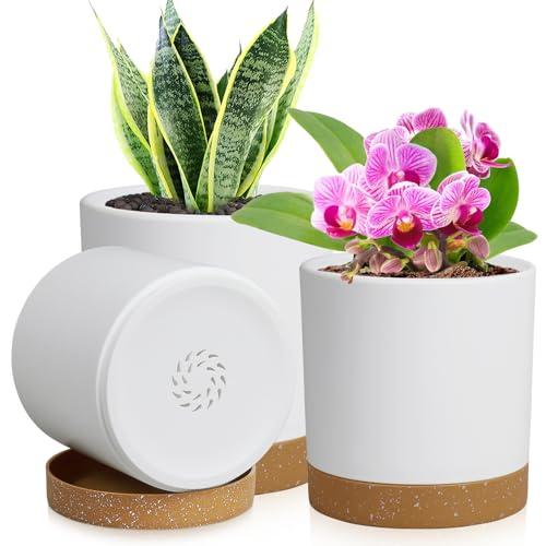 WSMKSZ 3 Pack 6/5/4 inch Cylindrical Flower Pots, Modern Small Round Plastic Plant Pots with Drainage Holes & Saucers, Clean and Refined Planter Pots for Outdoor, Indoor & Office Decor (White Brown)