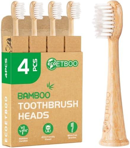 Bamboo Toothbrush Replacement Heads Compatible with Philips Sonicare, Soft Castor-Oil Biodegradable Bristles, Eco-Friendly Bamboo Handle, 4 Pack, Sustainable Daily Cleaning