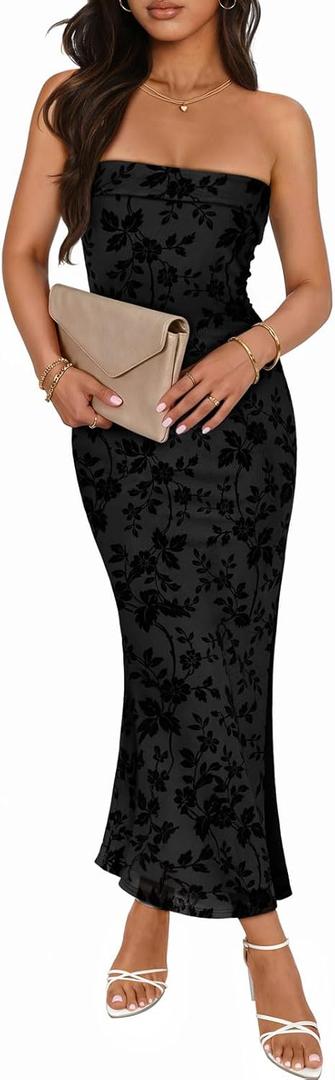 MEROKEETY Women's 2026 Summer Floral Strapless Dress Bodycon Tube Slit Mesh Wedding Guest Cocktail Party Maxi Dresses (Black, S)