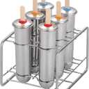 Stainless Steel Popsicle Molds, Set of 6 Ice Cream Maker, Ice Pop Molds With Holder, Metal Reusable Homemade Popsicle Molds with Sticks and Bags (Round Cup, No Slot)