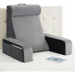 25" Extra-Large Reading Pillow for Tall Adults – 60° Ergonomic Wedge Back Pillow with Built-in Armrests, Adjustable Headrest & Large Pockets – Ideal for Sitting in Bed, Reading, TV, and Gaming, Gray