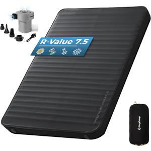 KingCamp PREMIUM DOUBLE Self Inflating Sleeping Pad with Air Pump, 7.5 R-Value Air & Foam Camping Mattress 2 Person, 3" Thick Full Size Double Insulated Sleeping Pad for Car Camp Tent, PVC Free, Black