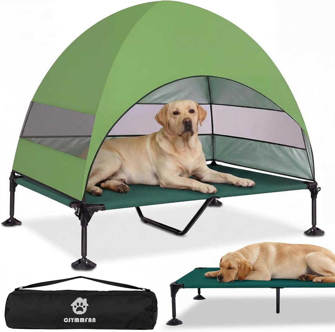 Elevated Dog Bed with Upgraded Canopy, Raised Outdoor Dog Tent with Powerful Anti-Slip Feet, Portable Pet Cot with Larger Shade, Raised Cooling Bed for Camping, Backyard, Beach, Poolside (X-Large: 50.0"L x 32.0"W x 42.5"Th, Green)