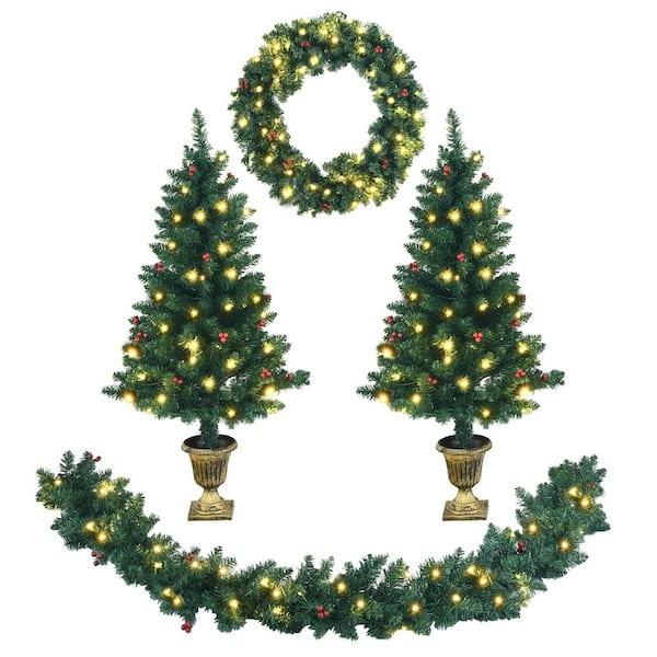 9 ft. Pre-Lit Christmas Decoration Set Artificial Christmas Garland Wreath and Entrance Trees (4-Pieces) 9 ft. Pre-Lit Christmas Decoration Set Artificial Christmas Garland Wreath and Entrance Trees (4-Pieces)