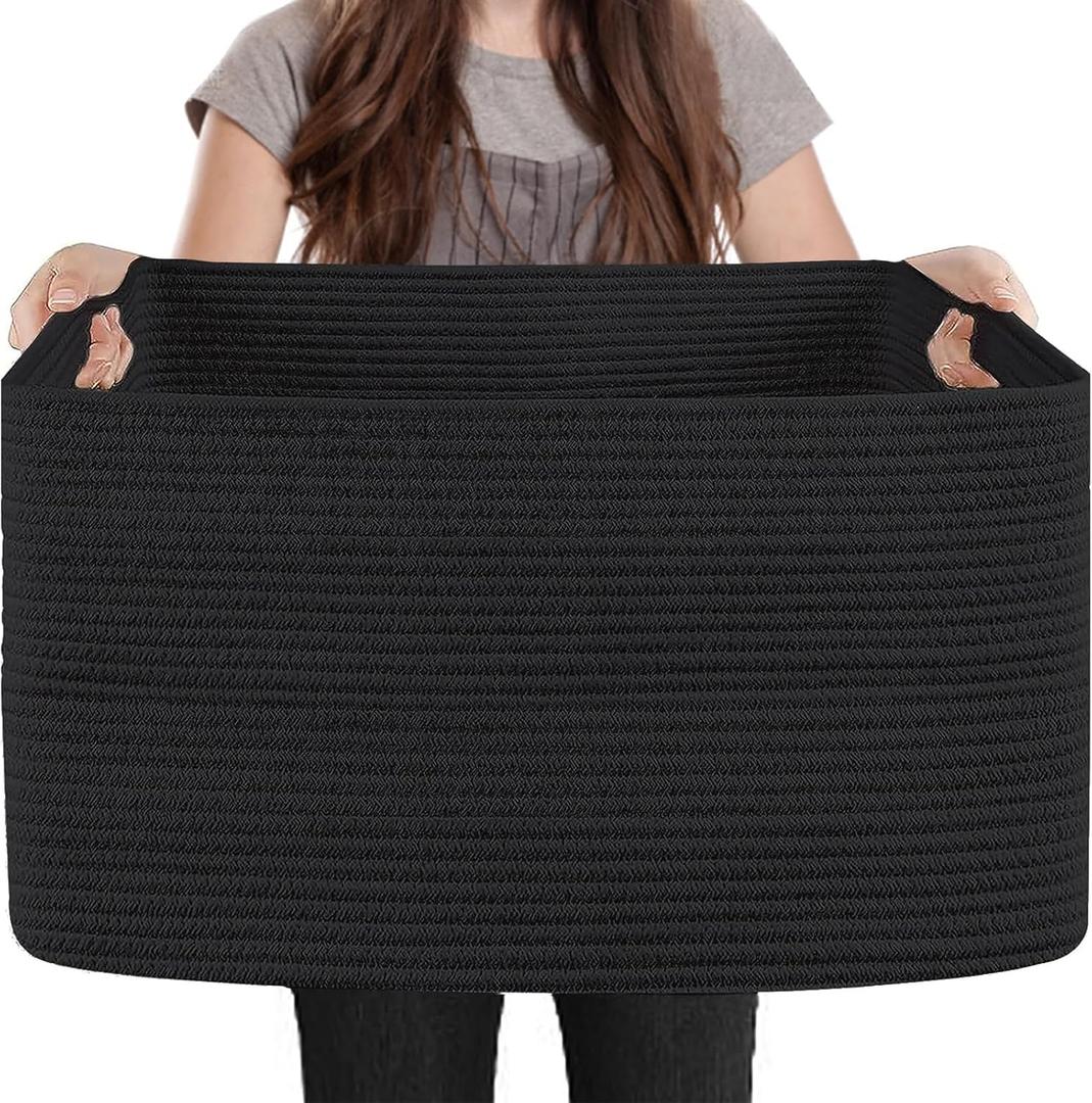 Extra Large Rectangle Storage Basket, 23.6" x 17" x 12" Black Blanket Basket Living Room, Big Cotton Rope Shoe Blanket Storage Bin, Woven Kids Dog Toy Bin Box Organizer, Wicker Laundry Basket