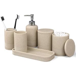 LIN CHUAN 6-Piece Bathroom Accessories Set, Bathroom Accessory Set with Soap Dispenser, Toothbrush Holder Set, Vanity Tray, Tumbler & 2 Cotton Swab Jars, Modern Stylish Bathroom Organizer(Beige)