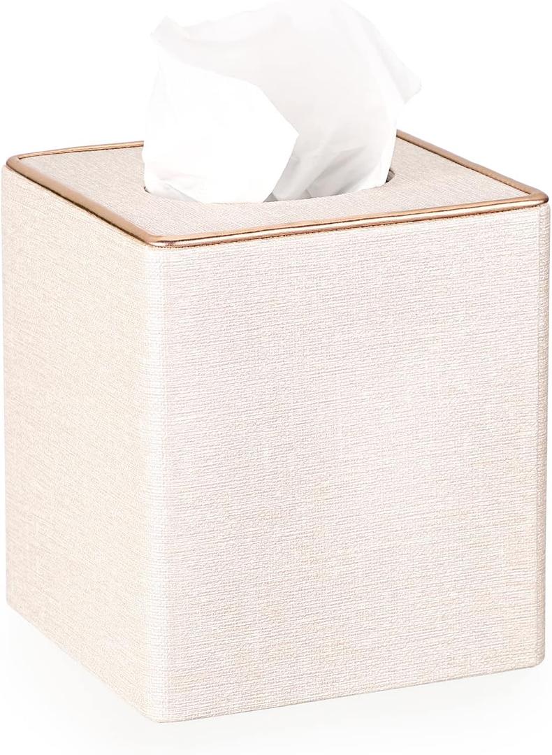Sumnacon Square Linen Tissue Box Cover - Stylish Cube Tissue Box Holder with Magnetic Bottom, Decorative Tissue Box for Vanity Toilet Tank Dresser Night Stand Table Countertop Office Car, Beige