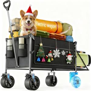 Electric Utility Wagon Cart330 lb Load, 180 L Foldable Beach Wagon with Remote, 4-Speed, All-Terrain Wheels for Camping, Beach, Garden & Shopping, Black