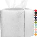 Silver Tissue Box Cover Leather  Square Tissue Box Holder with Bottom Belt by JESMINI, Modern PU Leather Cube Tissue Holder for Bathroom Vanity Countertop/Night Stands/Office