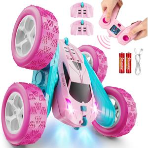 QUNREDA RC Cars, Pink Remote Control Car for Girls, 2.4 GHZ Double Sided RC Stunt Car 360° Rotating Remote Control Crawler with Headlights Car Toys for 6 7 8 9 10 11 12 Girls Birthday Gift Grandkids, Pink