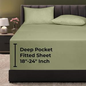 Royale Linens Extra Deep Pocket Queen Fitted Sheet Only - Queen Size Deep Pocket Sage Green Fitted Sheet -Fits 18 to 24 inch Thick Mattress- Soft & Breathable Elastic Sheets (60x80 Inches, Sage Green)