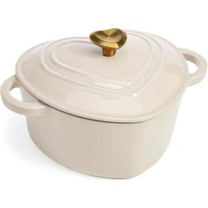 Paris Hilton Enameled Cast Iron Dutch Oven Heart-Shaped Pot with Lid, Dual Handles, Works on All Stovetops, Oven Safe to 500F, 4-Quart, Cream