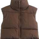 Shiyifa Women's Fashion High Neck Zipper Cropped Puffer Vest Jacket Coat (Brown, XXL)