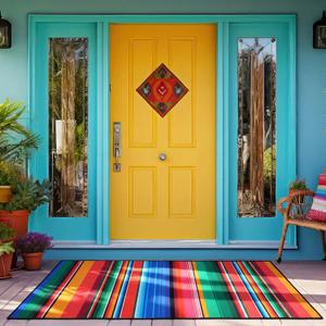 Tinideya 4' x 6' Mexican Outdoor Rug Plastic Straw Front Doormat Mat Patio Deck Mat Waterproof Outdoor Rug Outside Indoor Garden Lawn Balcony Porch Holiday Decor(Striped, Rainbow)