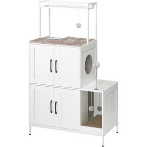 HOOBRO Litter Box Enclosure, Litter Box Furniture with Storage, 2-in-1 Hidden Cat Furniture with Shelf, 2 Dangling Plush Balls and 1 Toy Ball, Large Wooden Cat Washroom, White WT78MW01