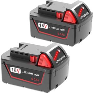 2pack 6.0Ah 18v Battery Replacement for Milwaukee m18 Battery 48-11-1850 48-11-1860, Compatible with Milwaukee M18 Cordless Power Tools,15C Discharge Rate